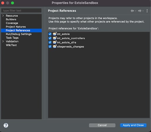 Screenshot showing In the Properties menu, select Project References and check int\extole and int\extole\sfra.