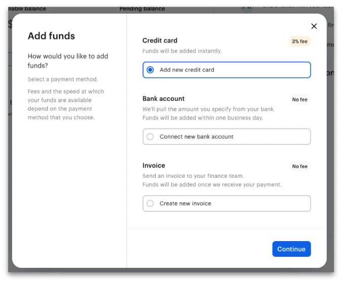 Screenshot showing You and your Extole team will have joint access to the Tremendous portal. Here you can directly upload funds to ensure you always have a healthy balance for...