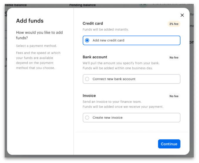Screenshot showing You and your Extole team will have joint access to the Tremendous portal. Here you can directly upload funds to ensure you always have a healthy balance for...