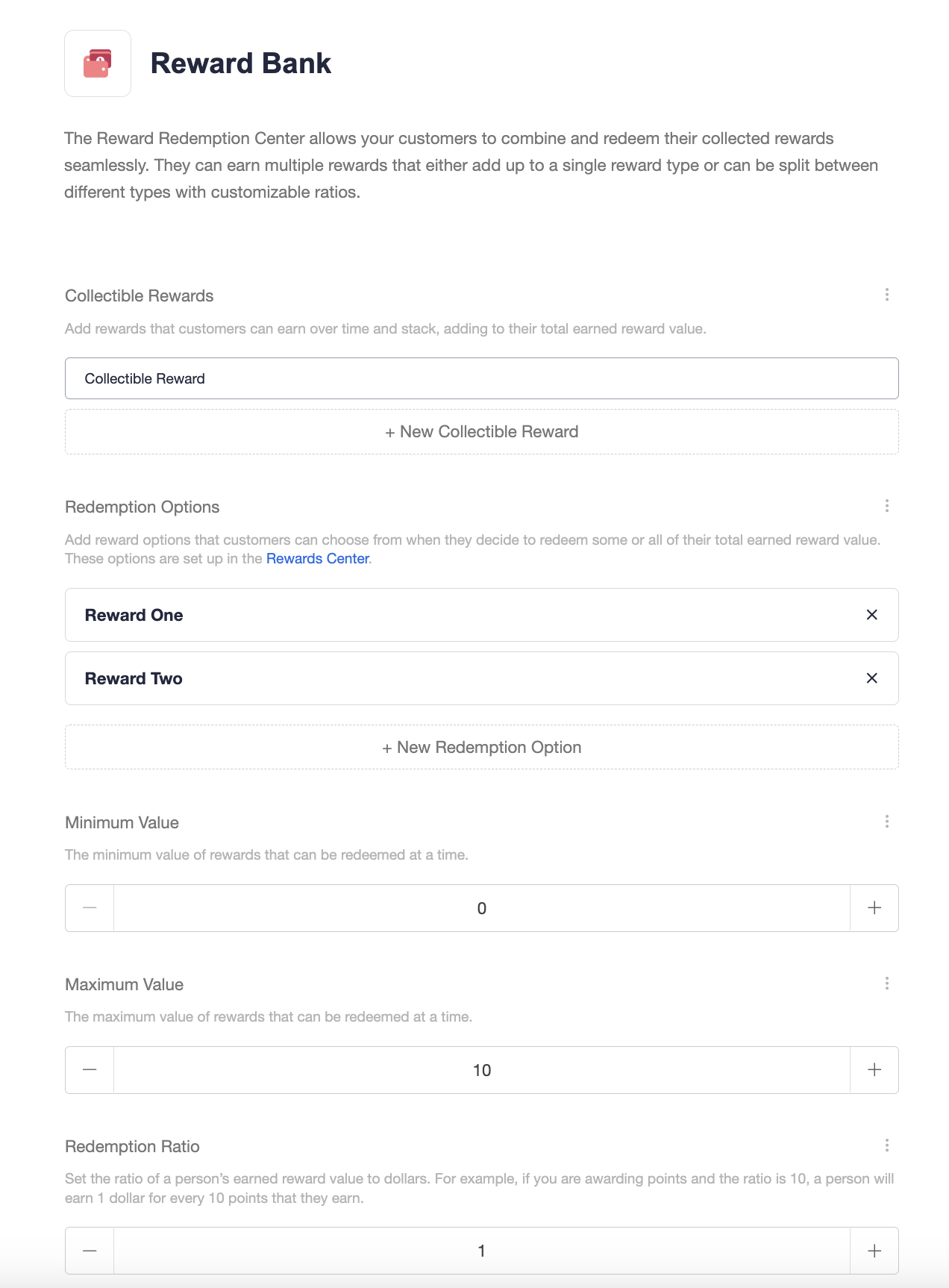 Screenshot showing Redemption Rate: The ratio at which accumulated rewards convert into redeemable value (e.g., 10 points = $1). This determines how much customers can claim...