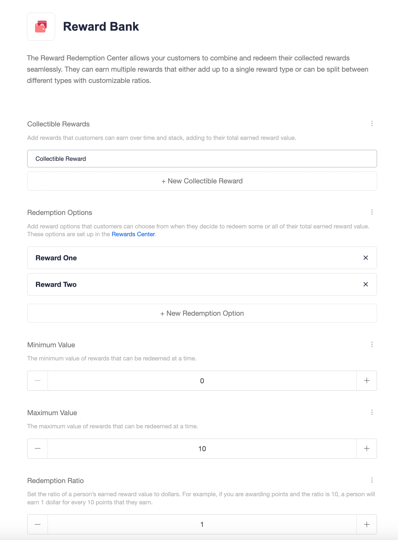 Screenshot showing Redemption Rate: The ratio at which accumulated rewards convert into redeemable value (e.g., 10 points = $1). This determines how much customers can claim...