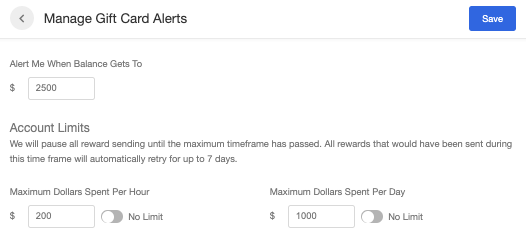 Screenshot showing > To set up your alerts, go to your Rewards -> Gift Cards next to any of your configure gift card rewards. Click Edit Spending Limits in the top right corner...