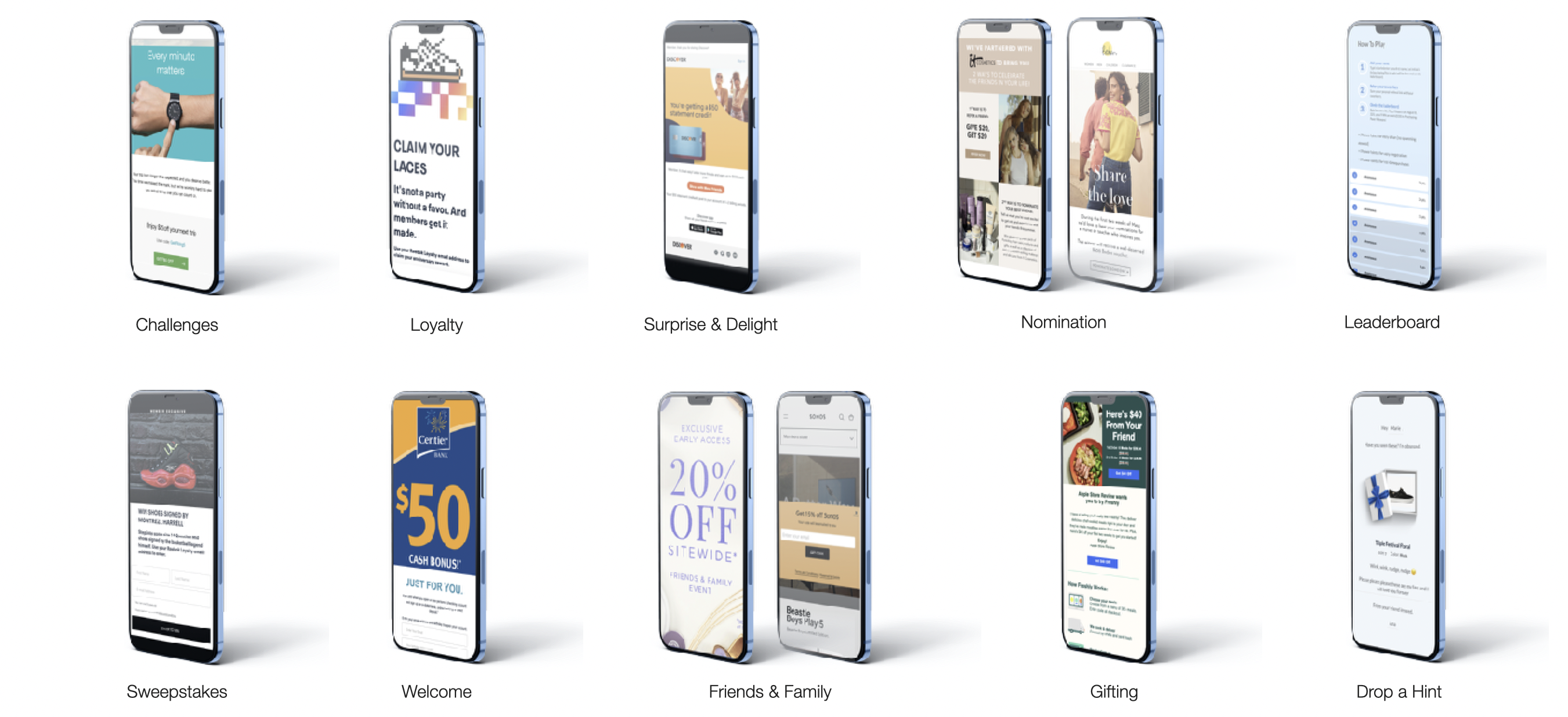 iPhones displaying examples of various Extole programs.