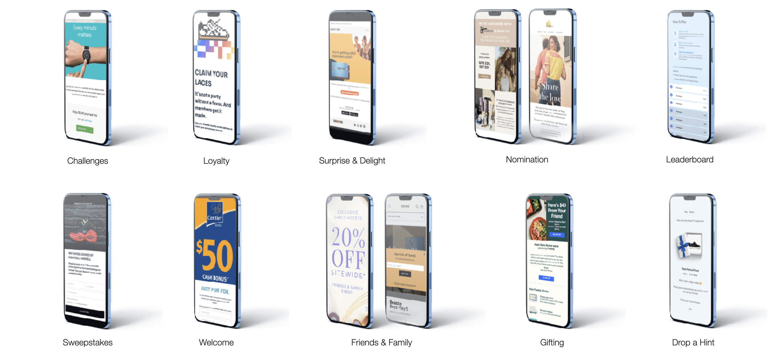 iPhones displaying examples of various Extole programs.