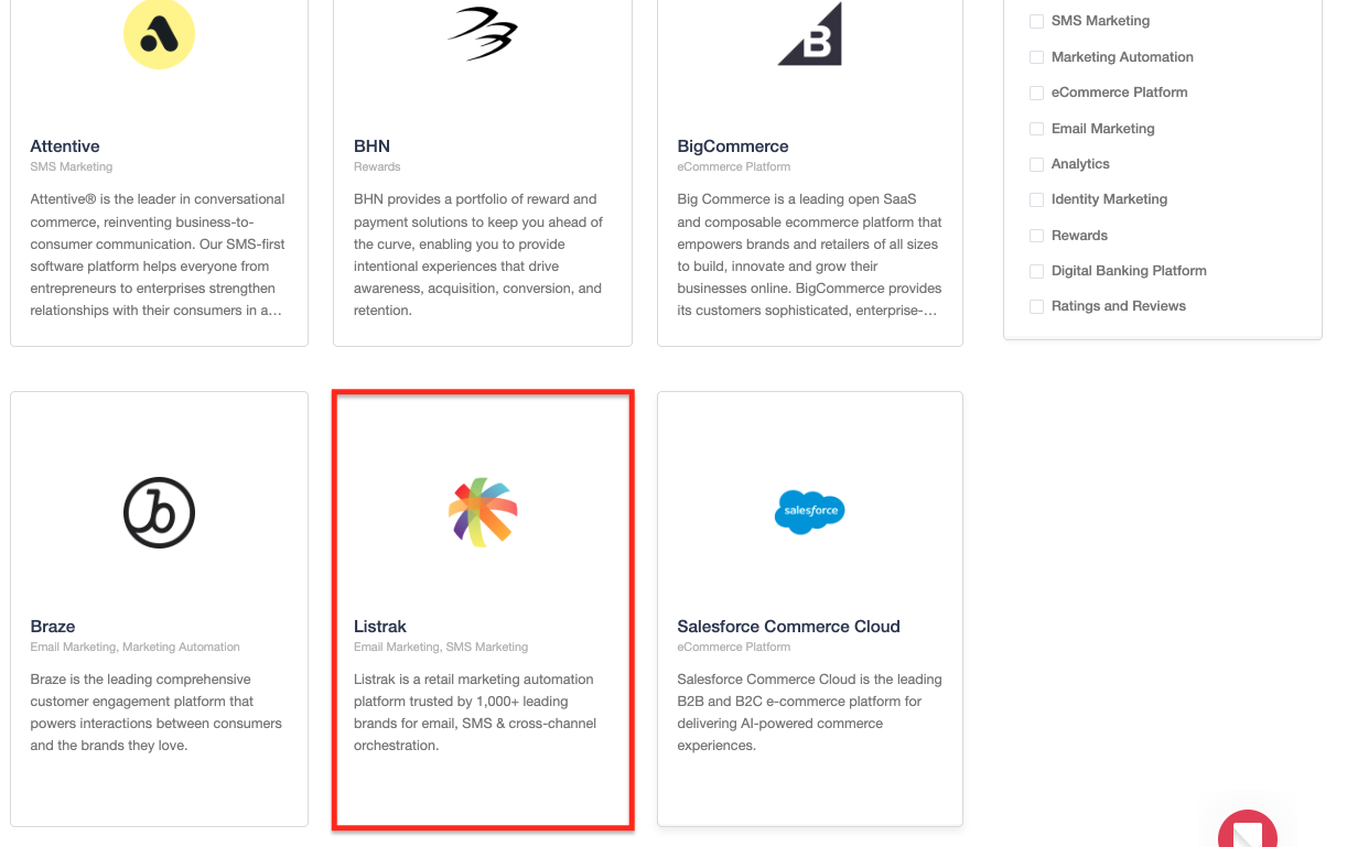 Screenshot showing Select Listrak from the Partners Directory