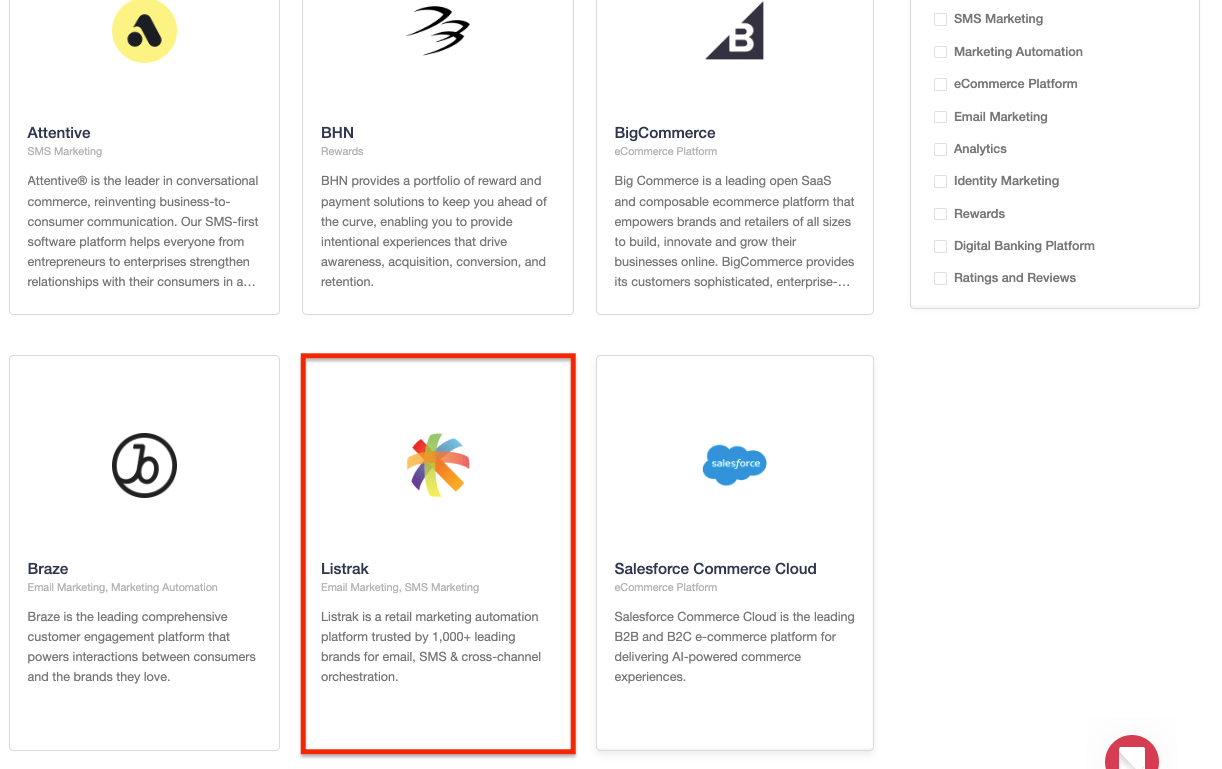 Screenshot showing Select Listrak from the Partners Directory