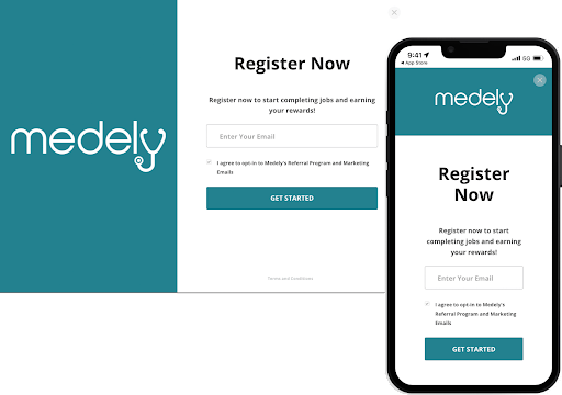 Web and mobile view of Medely's registration-based landing experience
