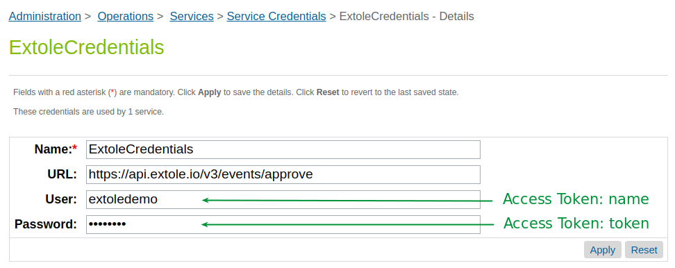 Screenshot showing Enter the Access Token Name and Token values you created in the Extole Tech Center in the User and Password fields.