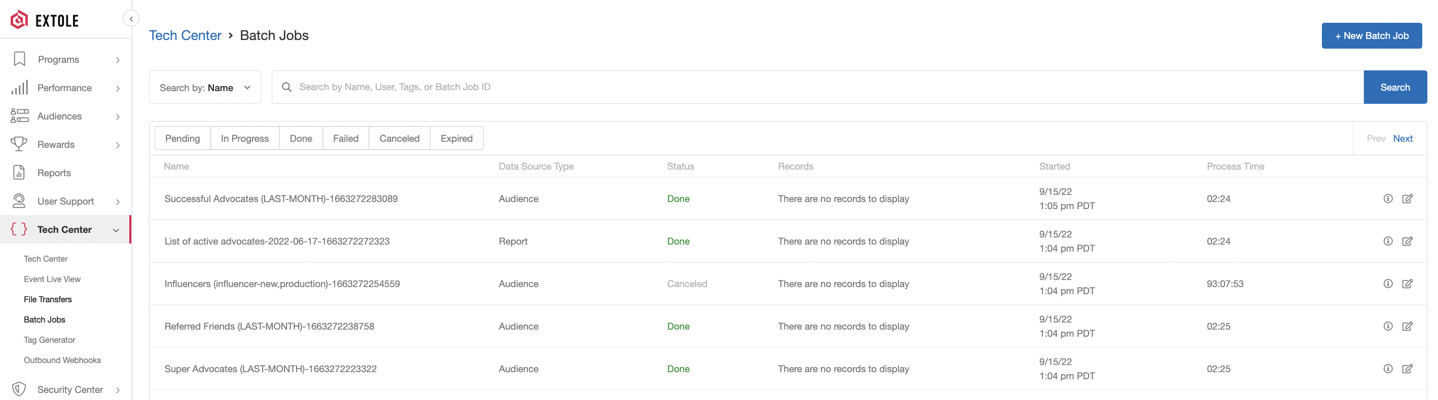 Screenshot showing Our Batch Jobs page, located in the My Extole Tech Center, offers a powerful self-service experience for your file upload needs. This page allows you to...
