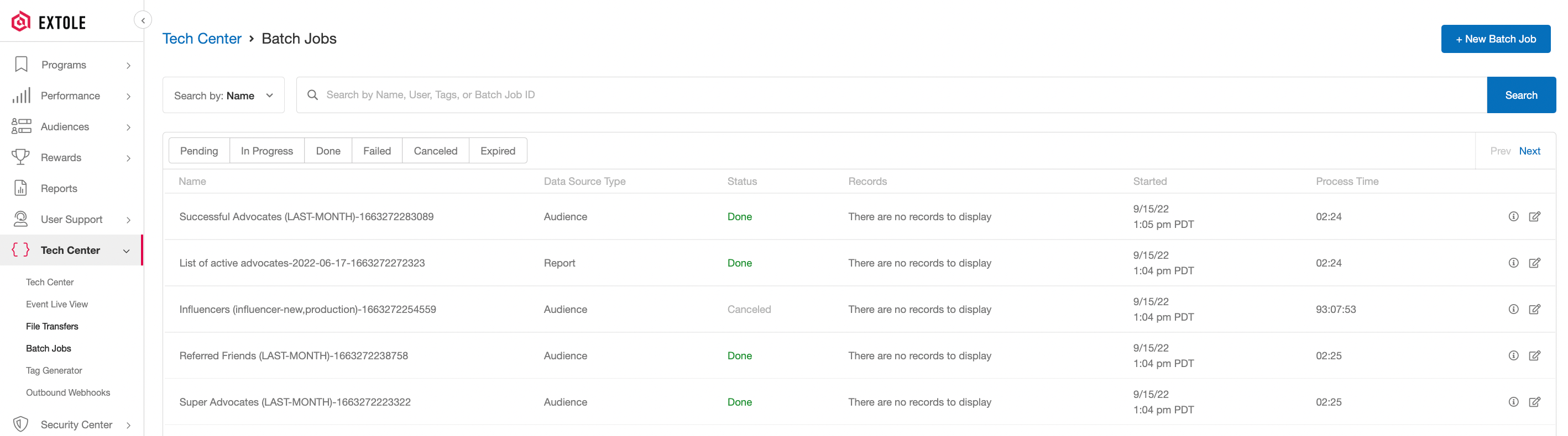 Screenshot showing Our Batch Jobs page, located in the My Extole Tech Center, offers a powerful self-service experience for your file upload needs. This page allows you to...