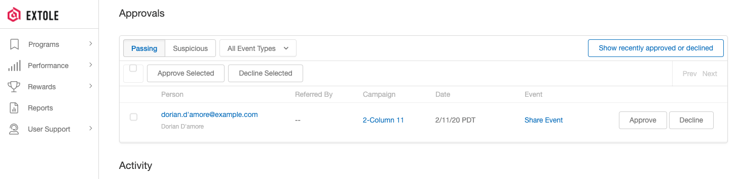 Screenshot showing Under the "Suspicious" tab, you can see the events that are flagged. Here, you will be able to understand which campaign that event originated from, the date...