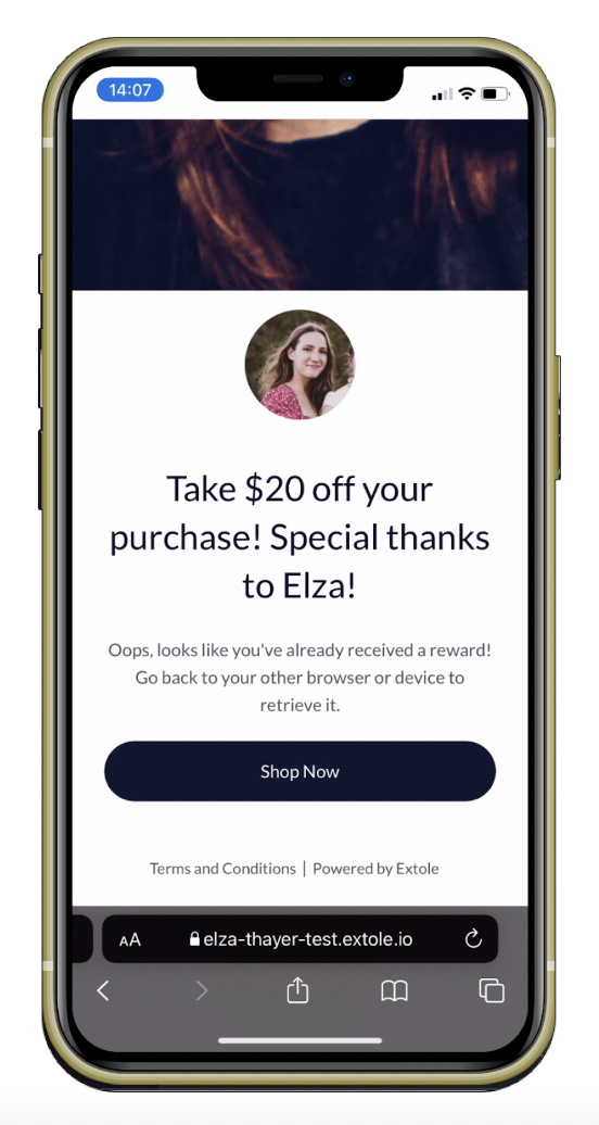 Screenshot showing Once a friend or follower taps on an ambassador's link, they'll be taken to the Friend Landing Experience. This page features the ambassador's name and...