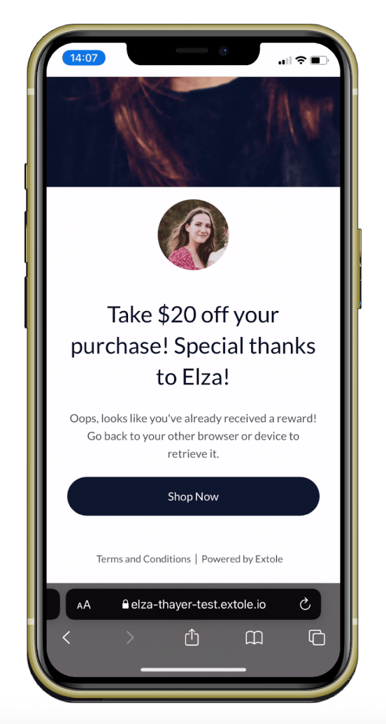 Screenshot showing Once a friend or follower taps on an ambassador's link, they'll be taken to the Friend Landing Experience. This page features the ambassador's name and...