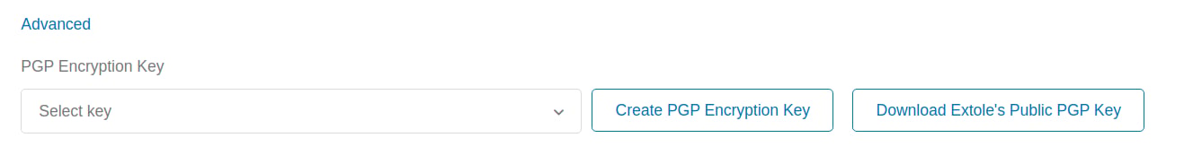 Screenshot showing You must also download Extole's public PGP encryption key, which you can do from the Create New Server page in the Tech Center.