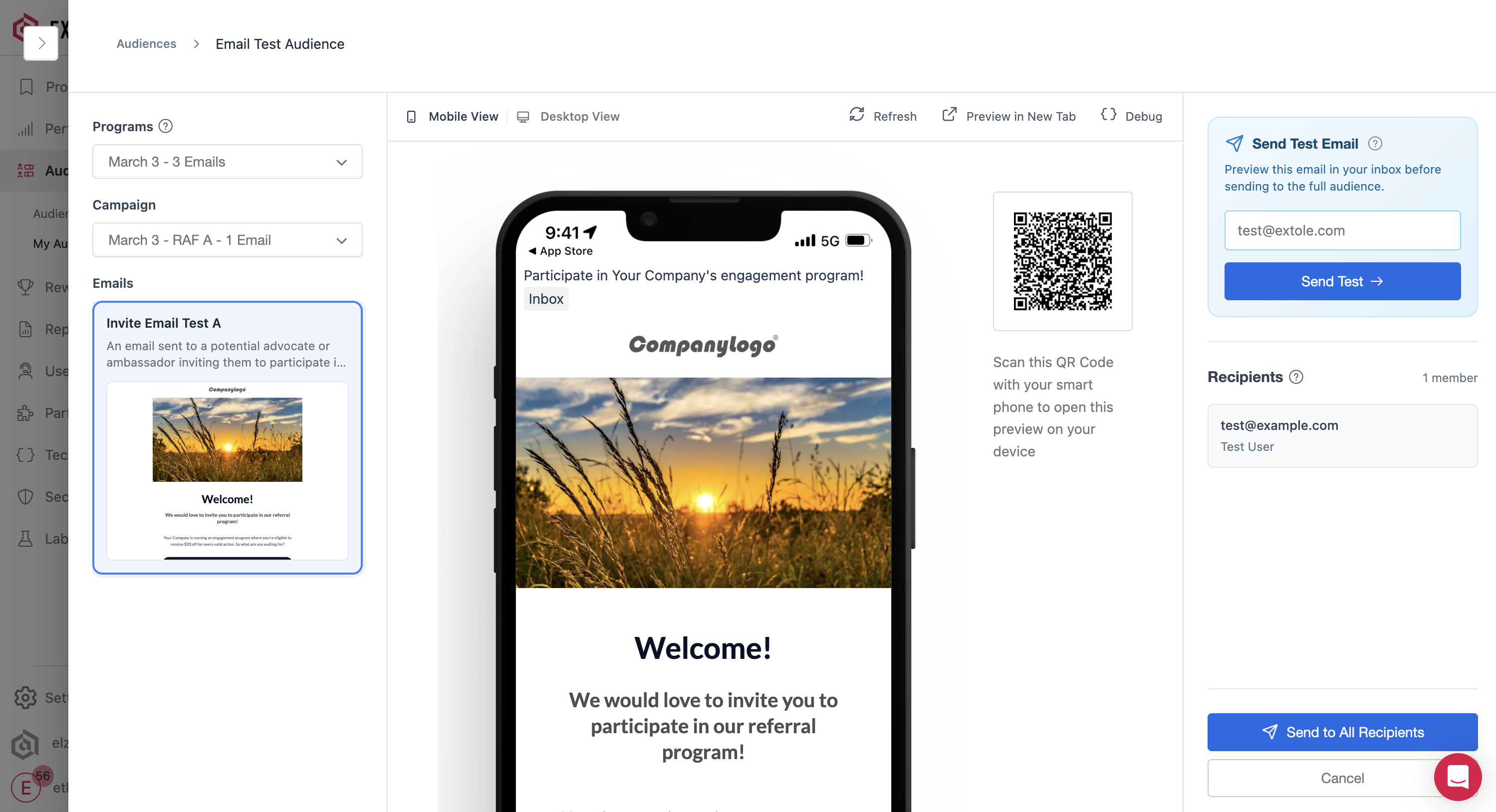 Screenshot showing After clicking the Email Audience button, you will see a list of emails in all live campaigns. Select the correct program and campaign (if applicable) from...