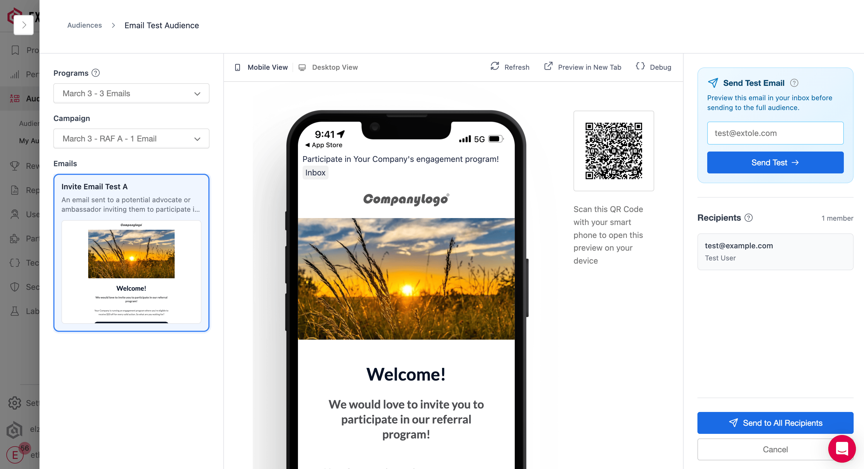 Screenshot showing After clicking the Email Audience button, you will see a list of emails in all live campaigns. Select the correct program and campaign (if applicable) from...