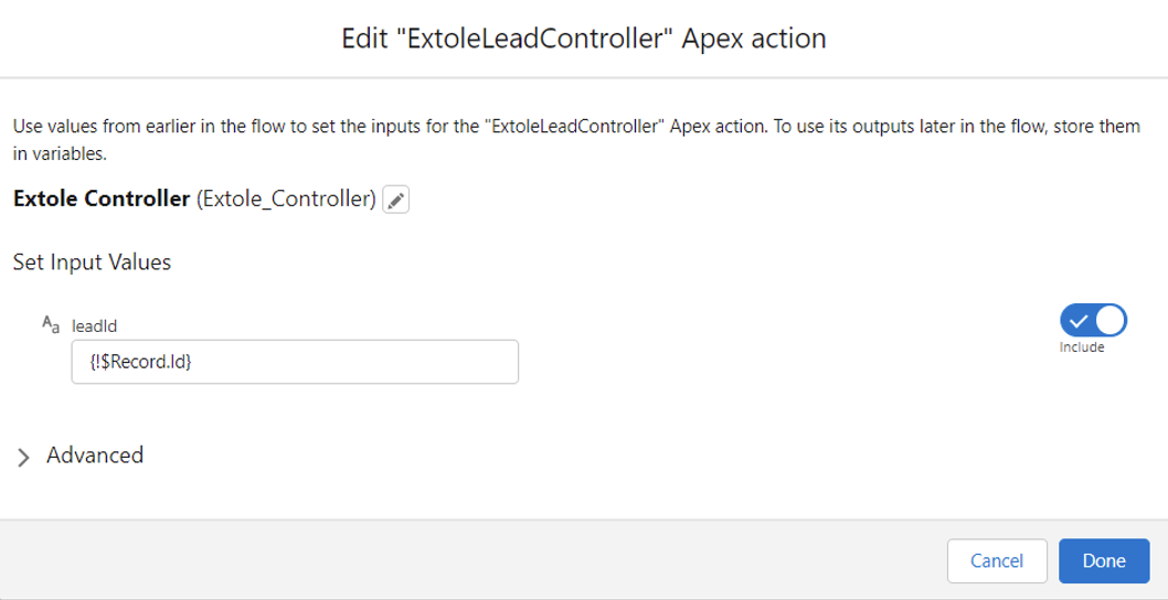 Screenshot showing Select Apex Action and set the input value for leadId as !$Record.Id.