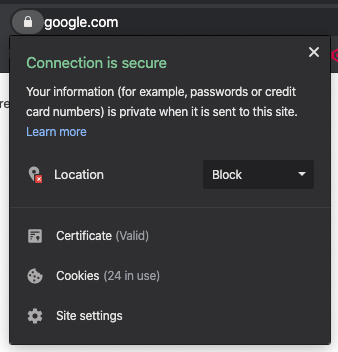 Screenshot showing To get the information listed in the table above, you can go to your company's website and click the lock icon in your browser's address bar. The following...