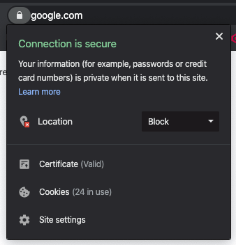 Screenshot showing To get the information listed in the table above, you can go to your company's website and click the lock icon in your browser's address bar. The following...