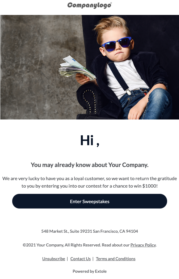 Screenshot showing The promotion email is how you announce your Sweepstakes program to your customers. When they click on "Enter Sweepstakes", they'll be brought to the promote...