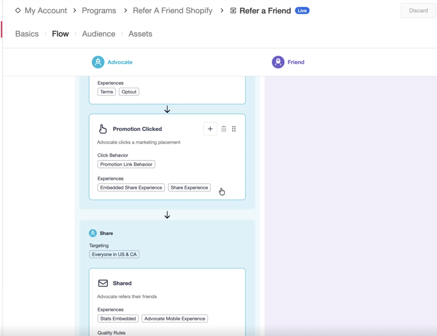 Screenshot showing First, add the Shopify Checkout Extension to your Extole campaign by selecting the Promotion Clicked event in Flow Builder. From there, select New Contentand...