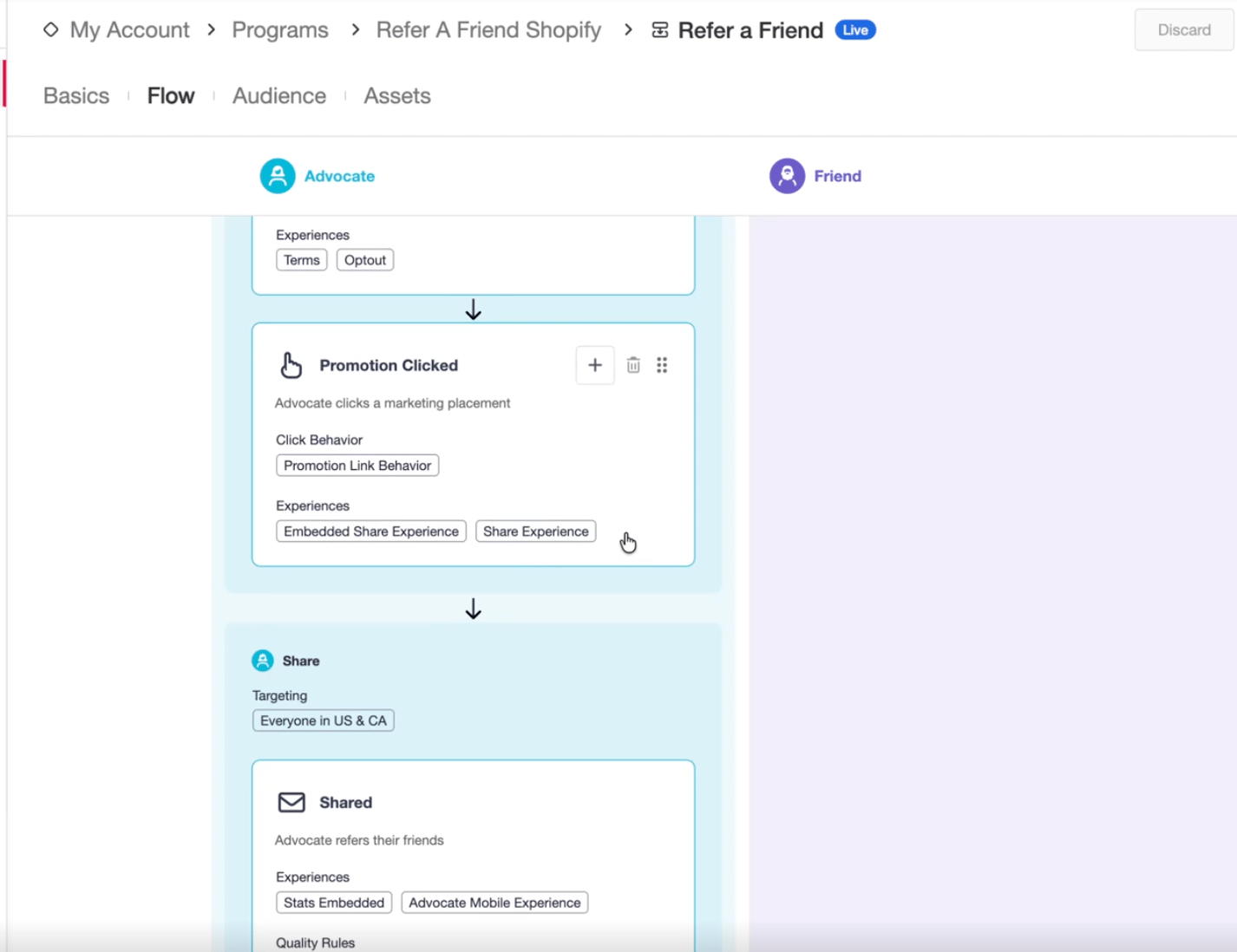 Screenshot showing First, add the Shopify Checkout Extension to your Extole campaign by selecting the Promotion Clicked event in Flow Builder. From there, select New Contentand...