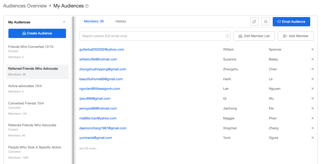 Screenshot showing Remove individual members searching for them by email, then hitting the X on the far right.
