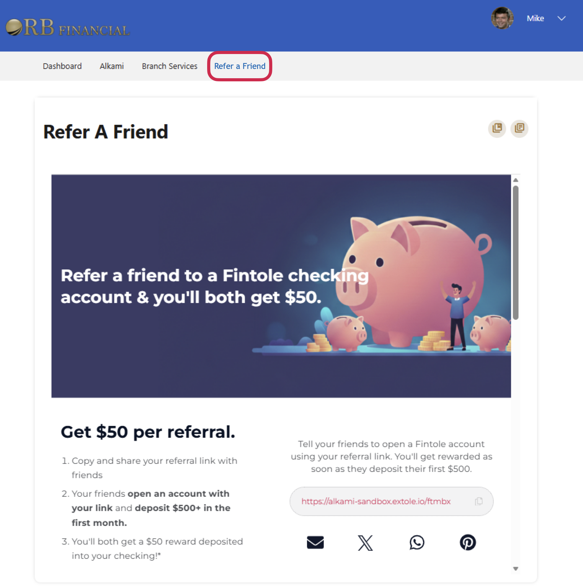 Screenshot showing In the Alkami admin, create new menu item and name it Refer a Friend. In addition to the menu item, you can also place banner adds on your Alkami Dashboard....