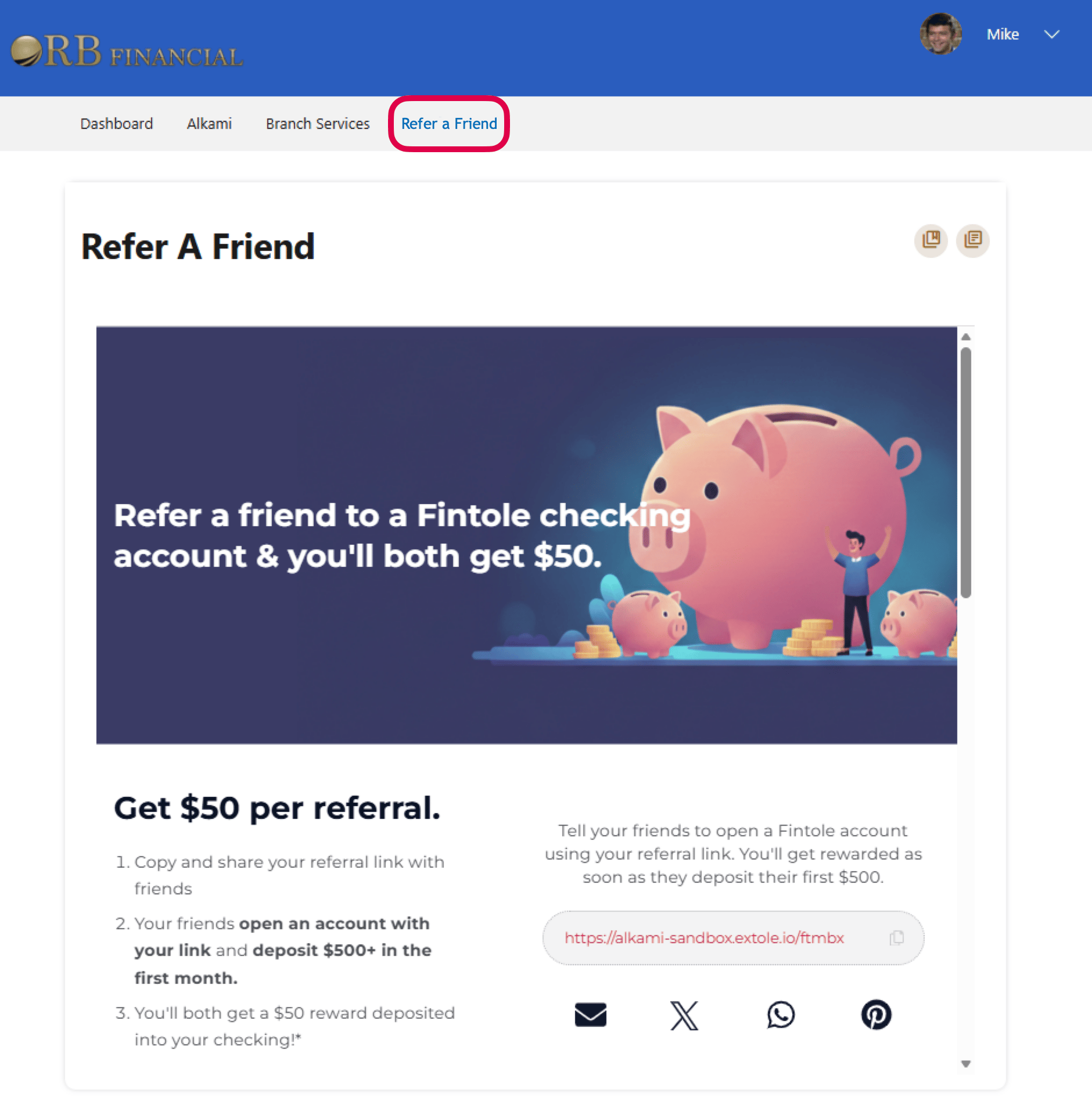 Screenshot showing In the Alkami admin, create new menu item and name it Refer a Friend. In addition to the menu item, you can also place banner adds on your Alkami Dashboard....