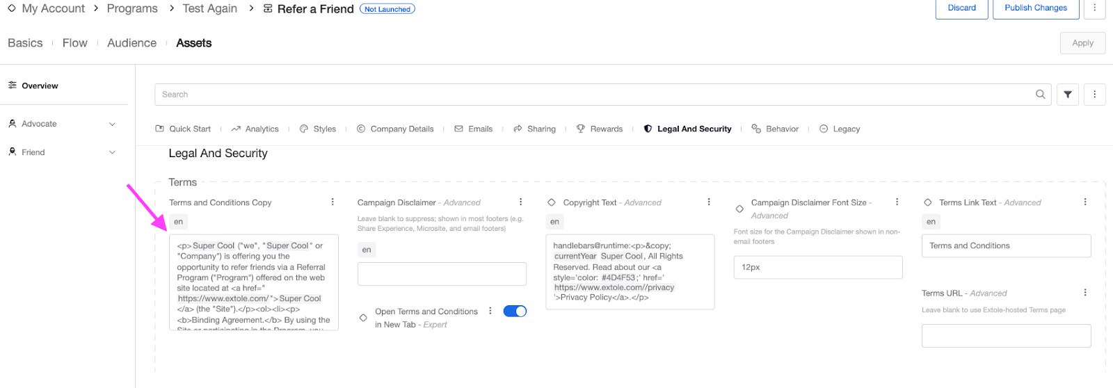 Screenshot showing Enter your Terms and Conditions in the provided field and click Apply.