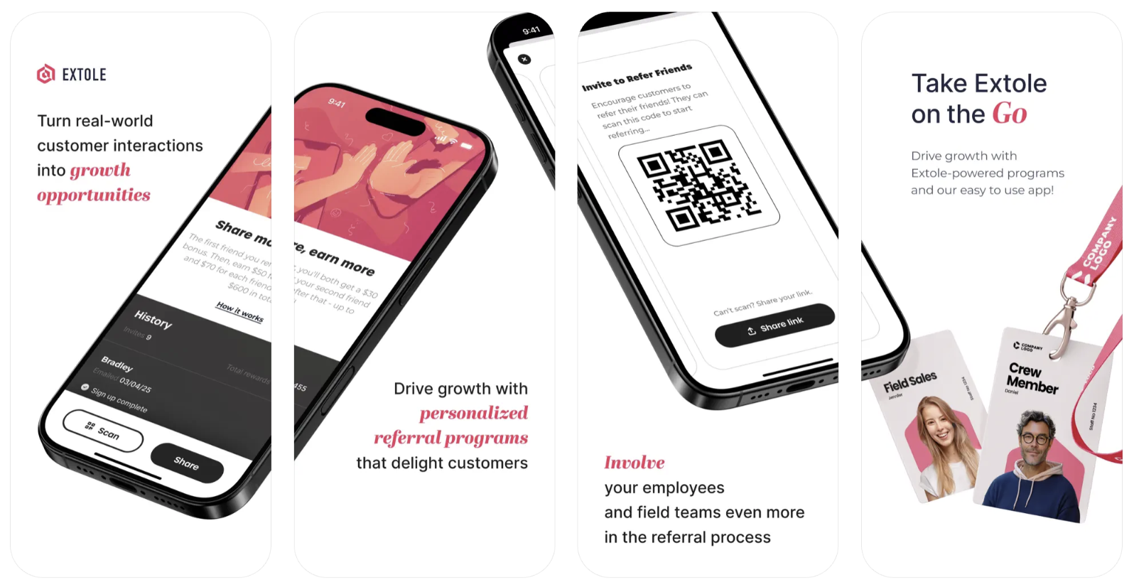 Screenshot showing Whether sharing a QR code during a service call, or promoting your customer referral program at events, Go Extole makes it simple to capture referral...