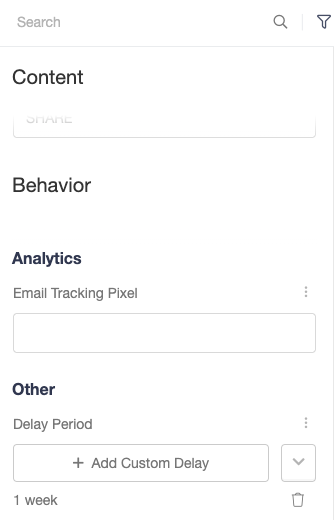 Screenshot showing Within the settings of the Share Email Reminder creative, you can specify how long after the initial Share Email the reminder is sent. Search for the Delay...