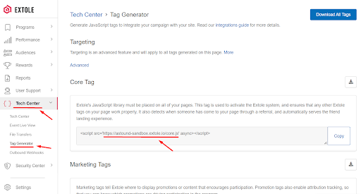 Screenshot showing Go to your other browser window with Business Manager open, and paste the URL into the Core Tag URL field of the Extole Custom Site Preferences page.