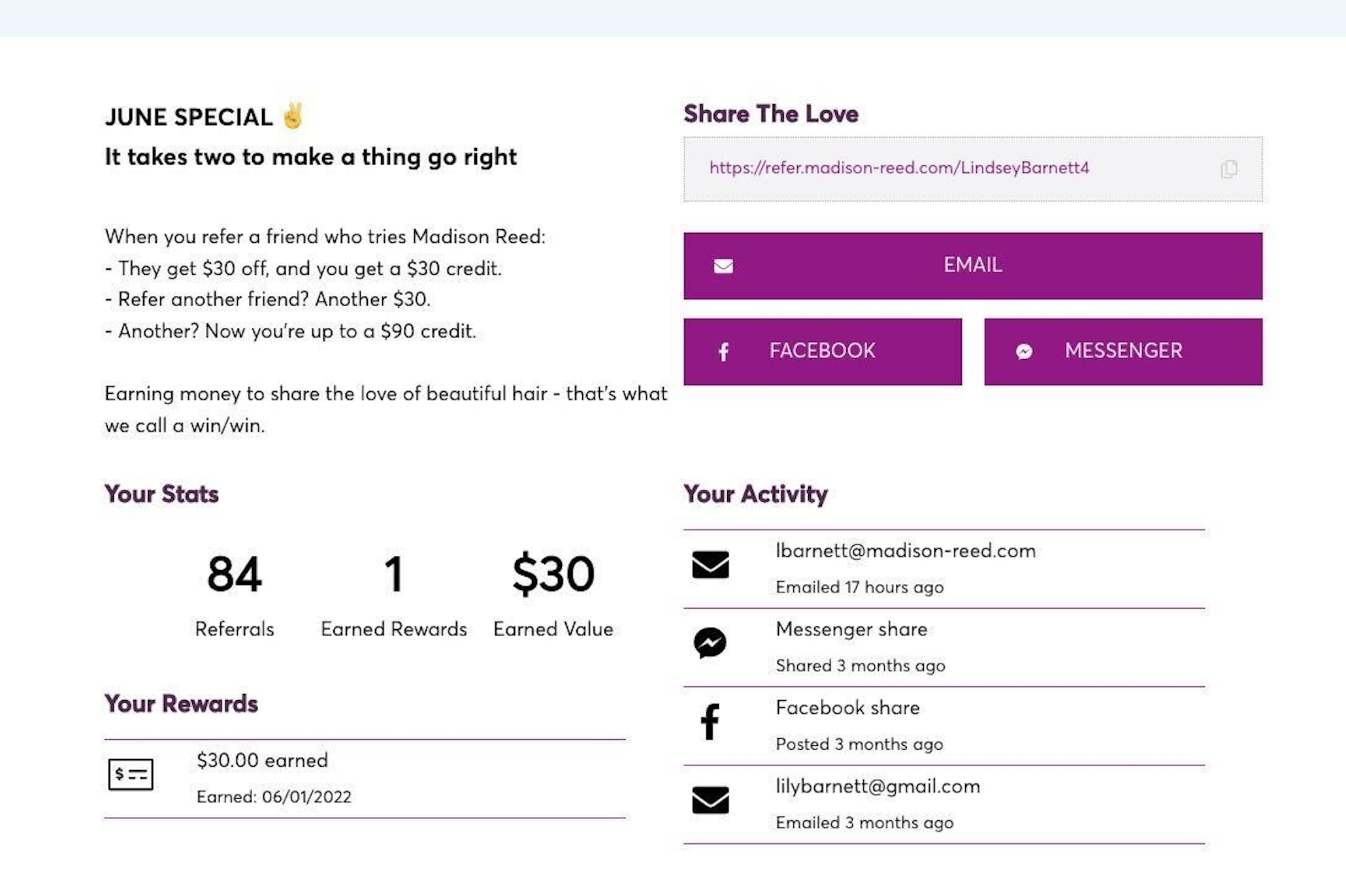 Madison Reed's Influencer program profile microsite