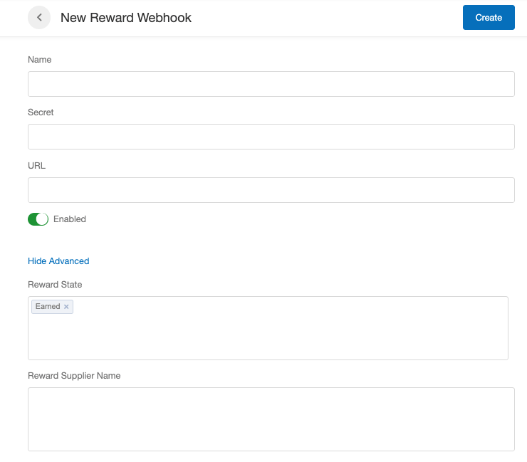 Screenshot showing Under the Advanced section, you can filter the webhooks for certain reward states or suppliers.