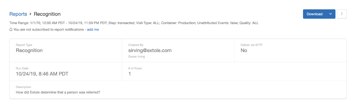 The detailed view a specific report within the My Extole platform