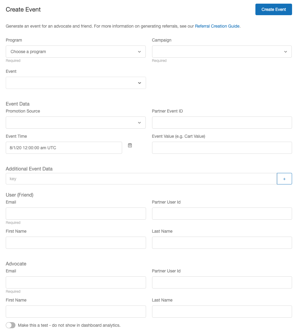 Screenshot showing Fill Out the Create Event form. You will see a number of fields to fill out, all of which are pictured and described below.