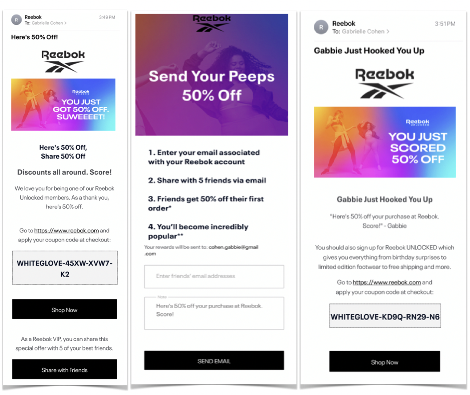 Screenshot showing Reebok launched a Friends & Family program to provide an exclusive offer for “white-glove” (VIP) members and their friends. Through the Extole platform,...