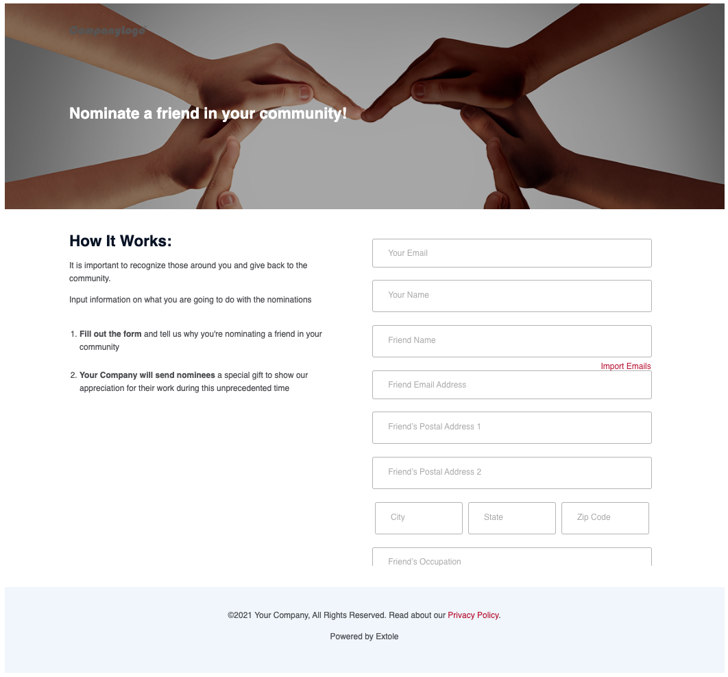 Screenshot showing If you're not using an Extole-hosted microsite, you'll put whatever external URL you want promote links to go to in "Destination for Clicks on Promotions" in...