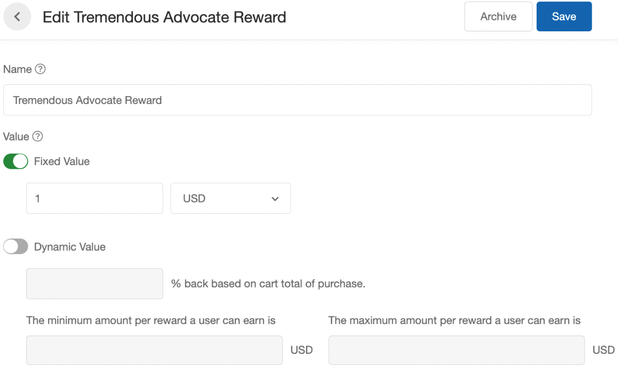 Example Tremendous reward configured in Extole