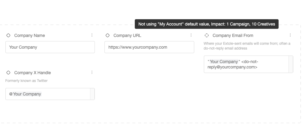Screenshot showing Settings within a campaign can be specific to a particular creative or they can be linked to an Overview or My Account setting. If a setting is connected to...