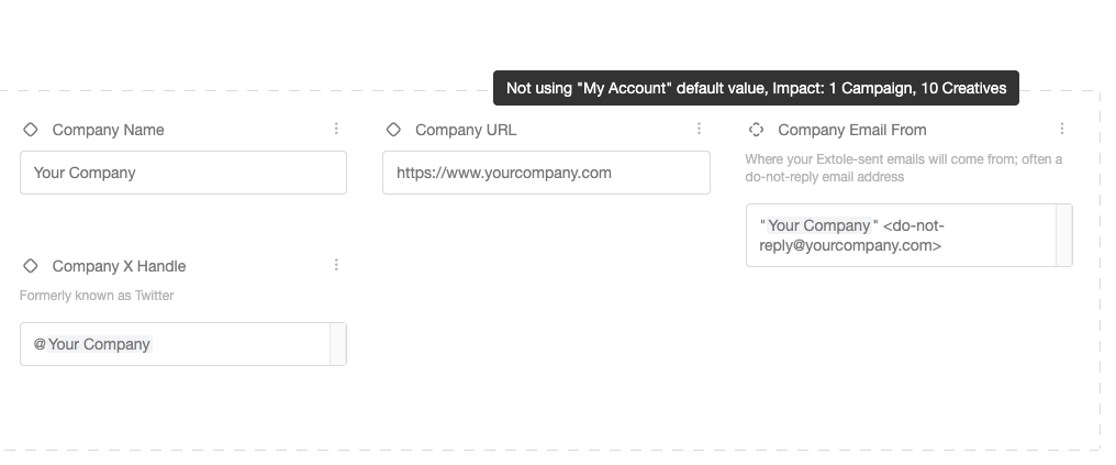 Screenshot showing Settings within a campaign can be specific to a particular creative or they can be linked to an Overview or My Account setting. If a setting is connected to...