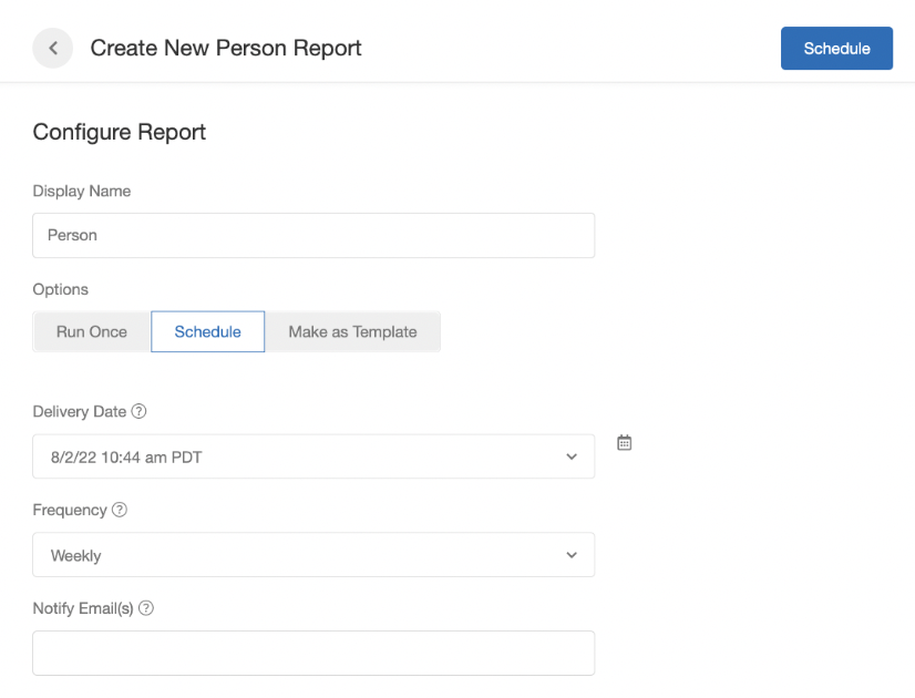 Screenshot showing When you select the report you would like to run, you can choose to run it once or run it on a recurring schedule. For example, if you want a particular...