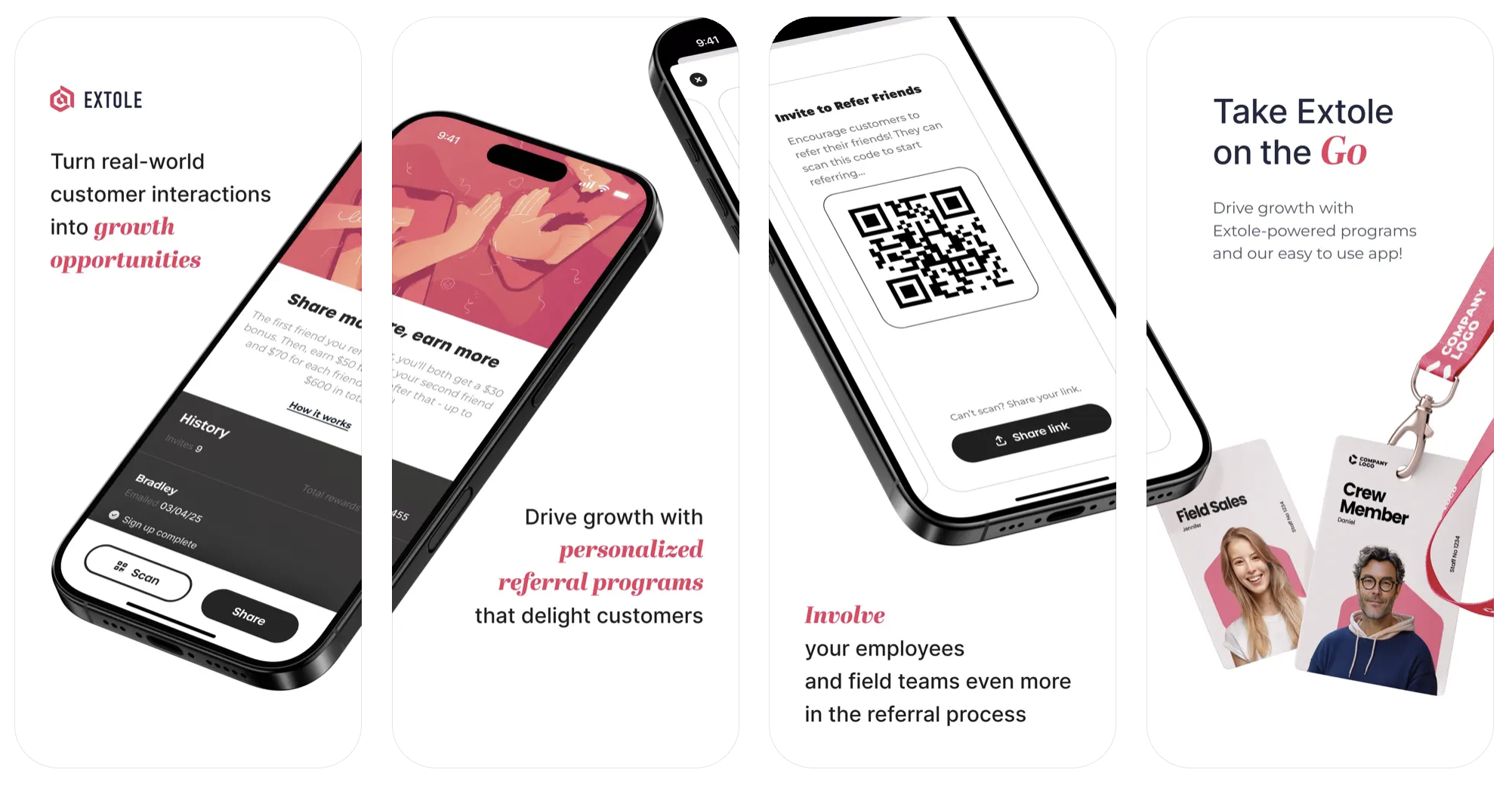 Screenshot showing The Go Extole mobile app allows an Extole campaign to be easily used for in-person referrals. The app supports personalized QR code and link sharing options...