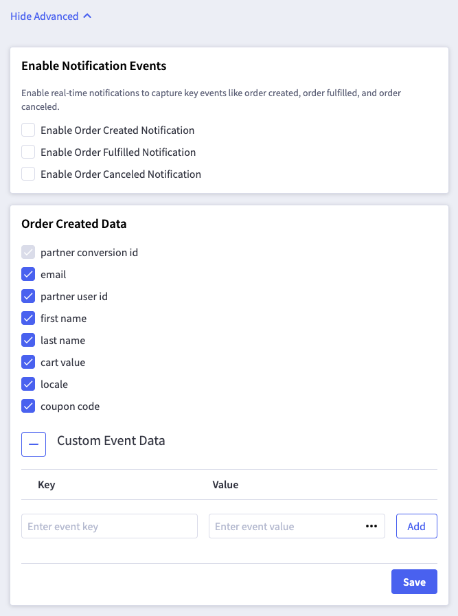 Screenshot showing Enable Order Canceled Notification: This notification triggers an event whenever an order is canceled. For example, in the Extole platform, you can use this...