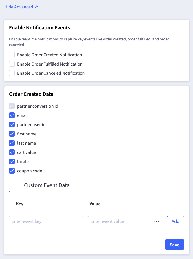 Screenshot showing Enable Order Canceled Notification: This notification triggers an event whenever an order is canceled. For example, in the Extole platform, you can use this...