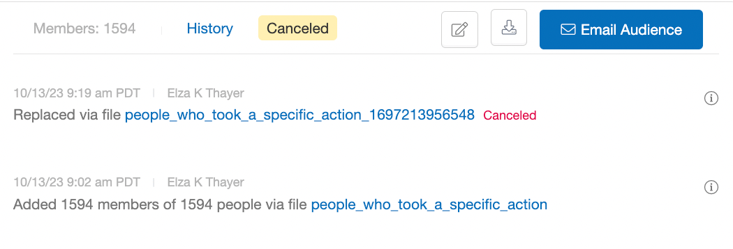 Screenshot showing When you select an audience, and then click on the History tab above the preview, you'll be able to see all past actions for that audience, details for...