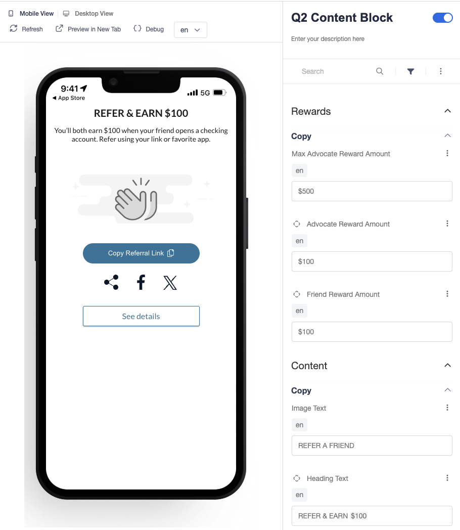 Screenshot showing The content blockexperience maps to the q2contentblock creative zone in your campaign. See example below.