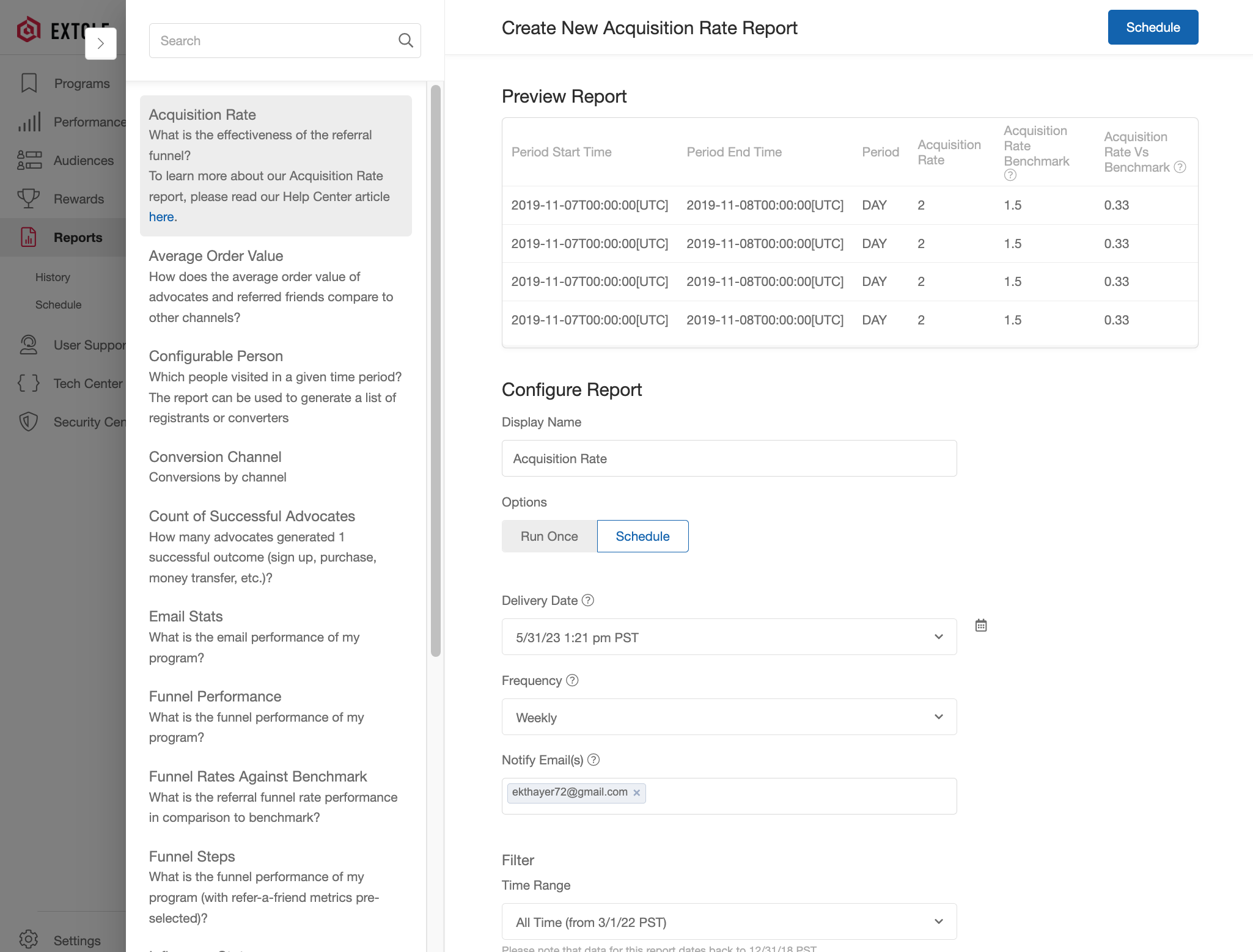 Screenshot showing You'll be taken to the same report configuration screen, where the Schedule option will already be selected.