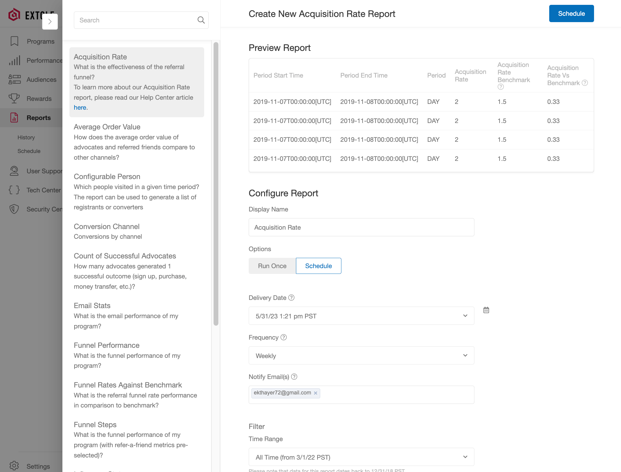 Screenshot showing You'll be taken to the same report configuration screen, where the Schedule option will already be selected.